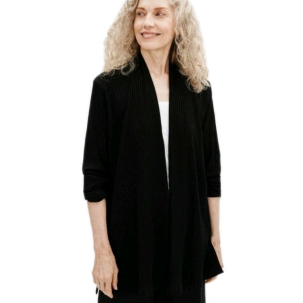 EILEEN Fisher Textured Ribbed High Neck Jacket Stretch Black Cardigan Size XS - Picture 2 of 15
